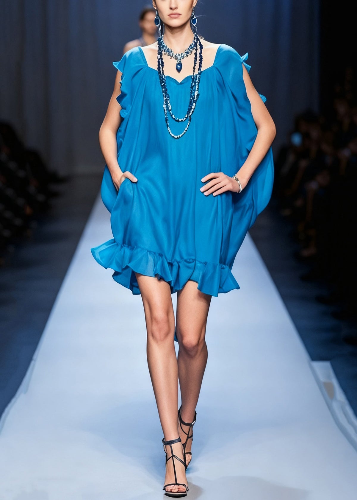 Original Blue Ruffled Pockets Solid Chiffon Mid Dress Summer - View 3