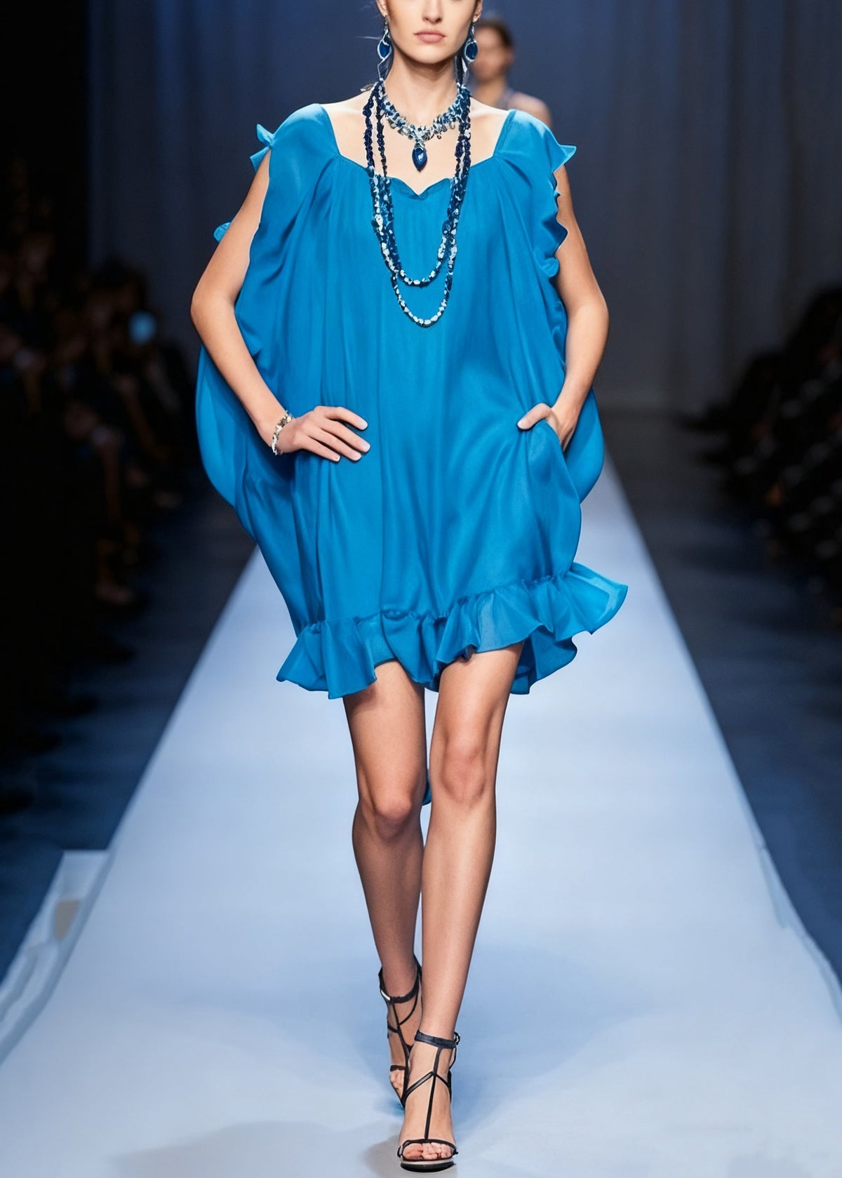 Original Blue Ruffled Pockets Solid Chiffon Mid Dress Summer - View 5