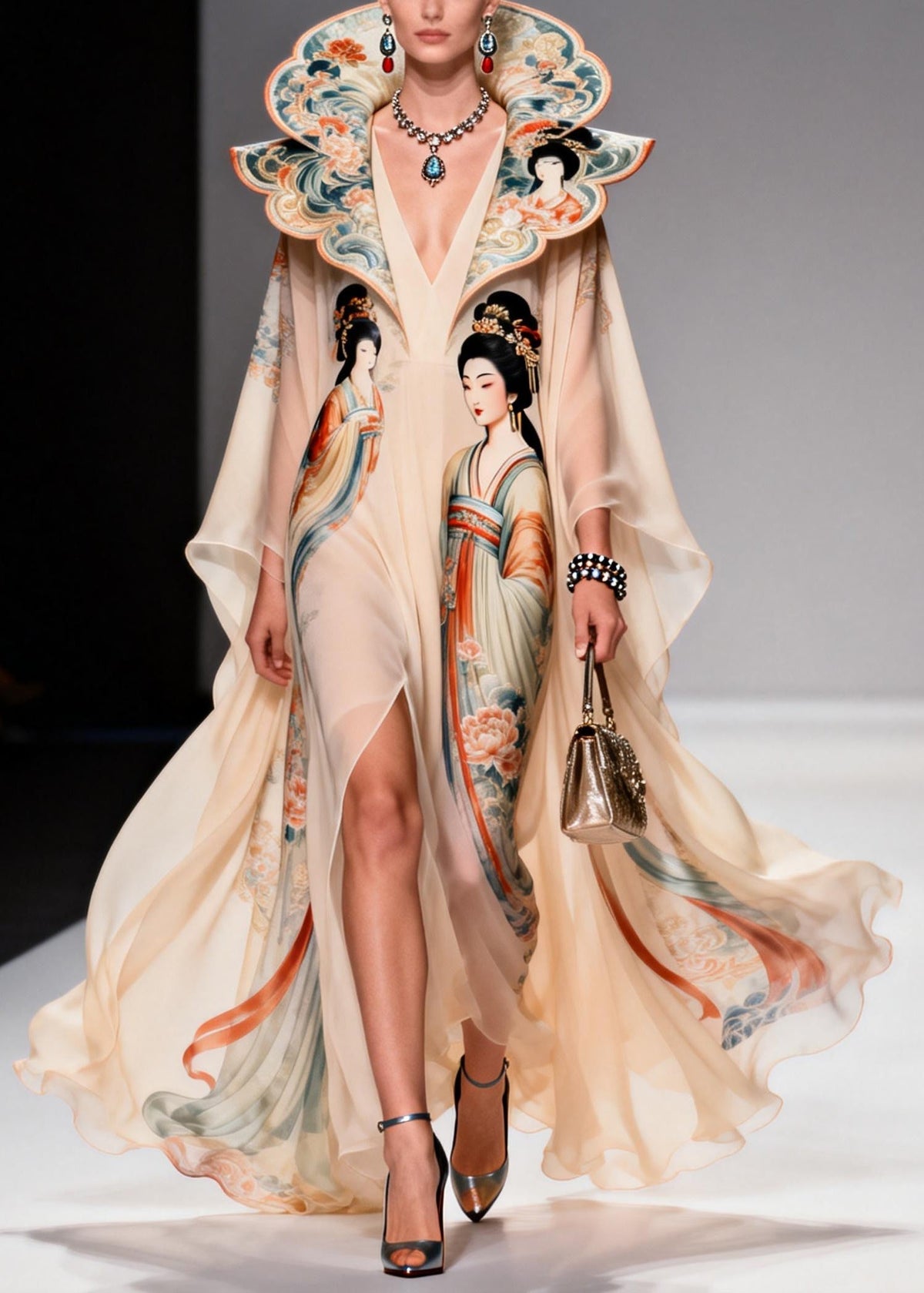 Original Design Apricot Peter Pan Collar Print Chiffon Maxi Dresses Summer - View 3