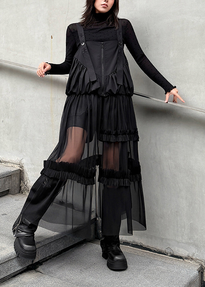 Original Design Black Ruffled Patchwork Tulle Strap Dress - View 2