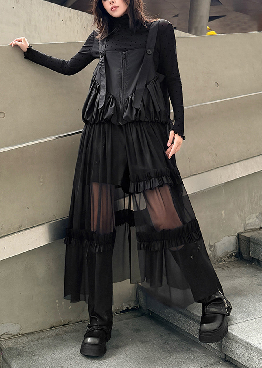 Original Design Black Ruffled Patchwork Tulle Strap Dress - View 4