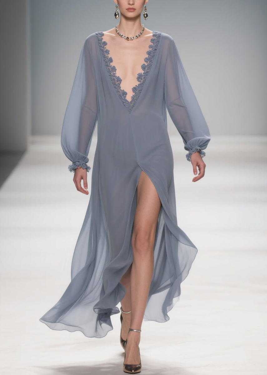 Sheer Lace Trim Deep V-Neck Long Sleeve Lantern Cuff Maxi Gown