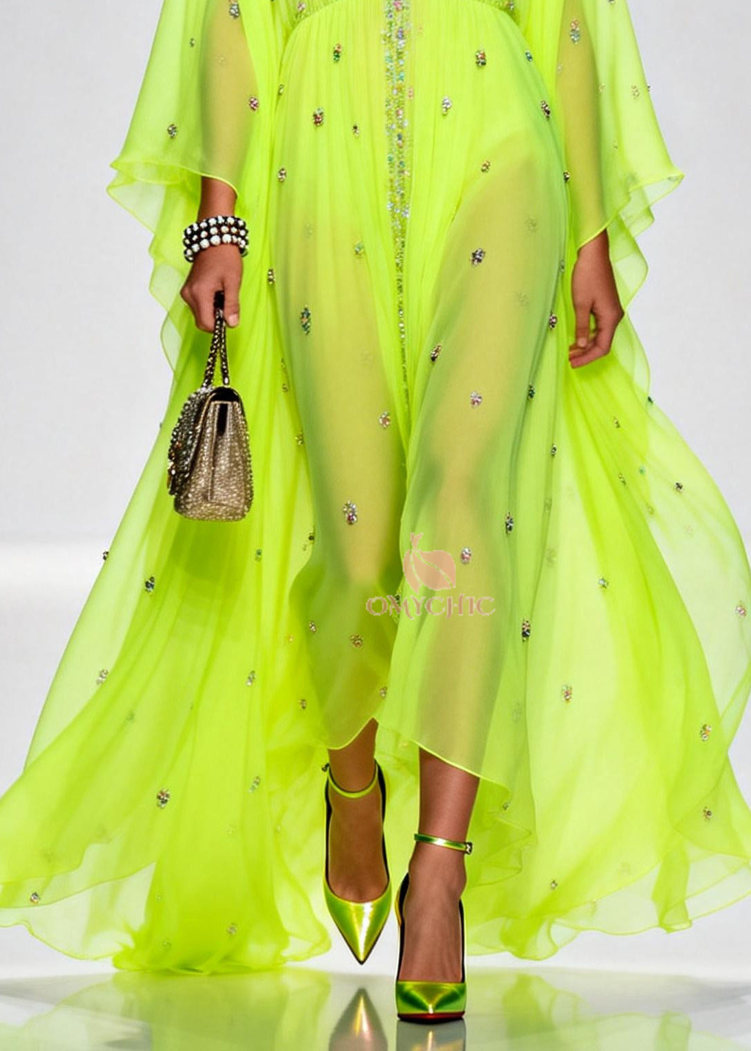 Rhinestone Scatter Deep V-Neck Empire Waist Cape Sleeve Maxi Gown - View 4