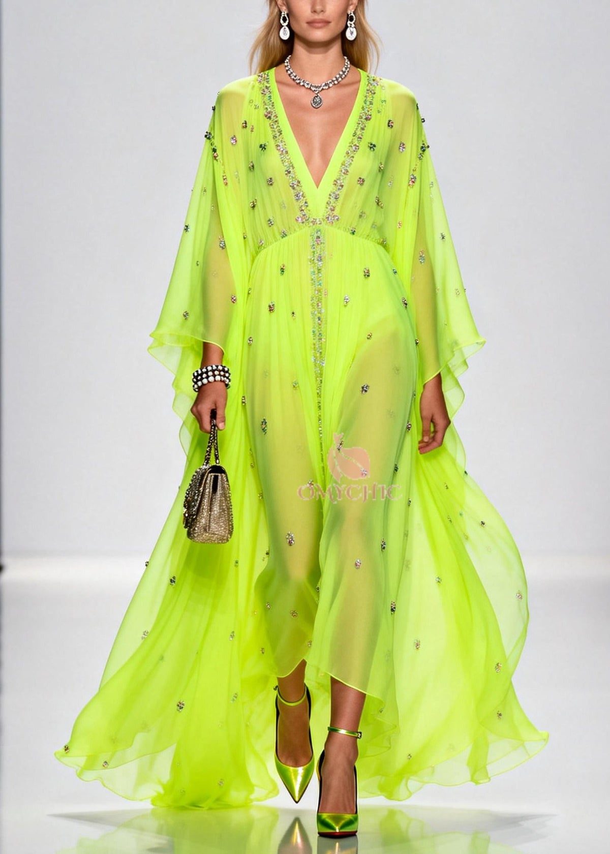 Rhinestone Scatter Deep V-Neck Empire Waist Cape Sleeve Maxi Gown - View 5