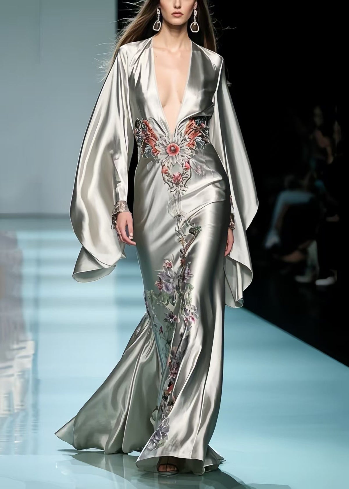 Satin Deep V-Neck Floral Embroidery Batwing Sleeve Maxi Gown