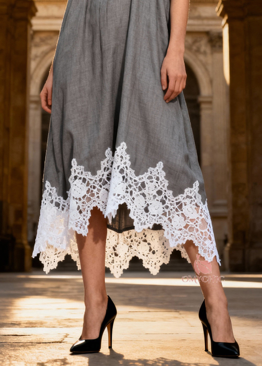 Original Design Grey Halter Lace Patchwork Long Dress Summer - View 4