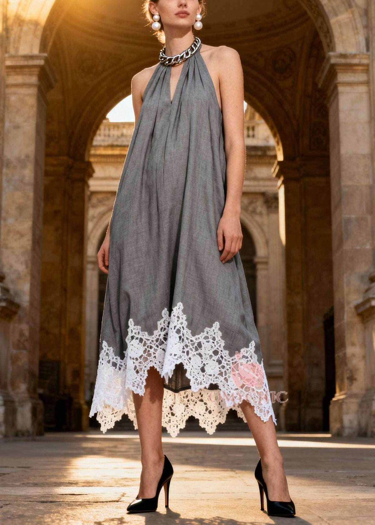 Original Design Grey Halter Lace Patchwork Long Dress Summer - View 5