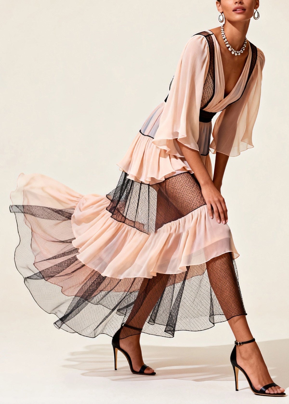 Deep V-Neck Contrast Trim Flutter Sleeve Tiered Mesh Ruffle Maxi Dress - View 3