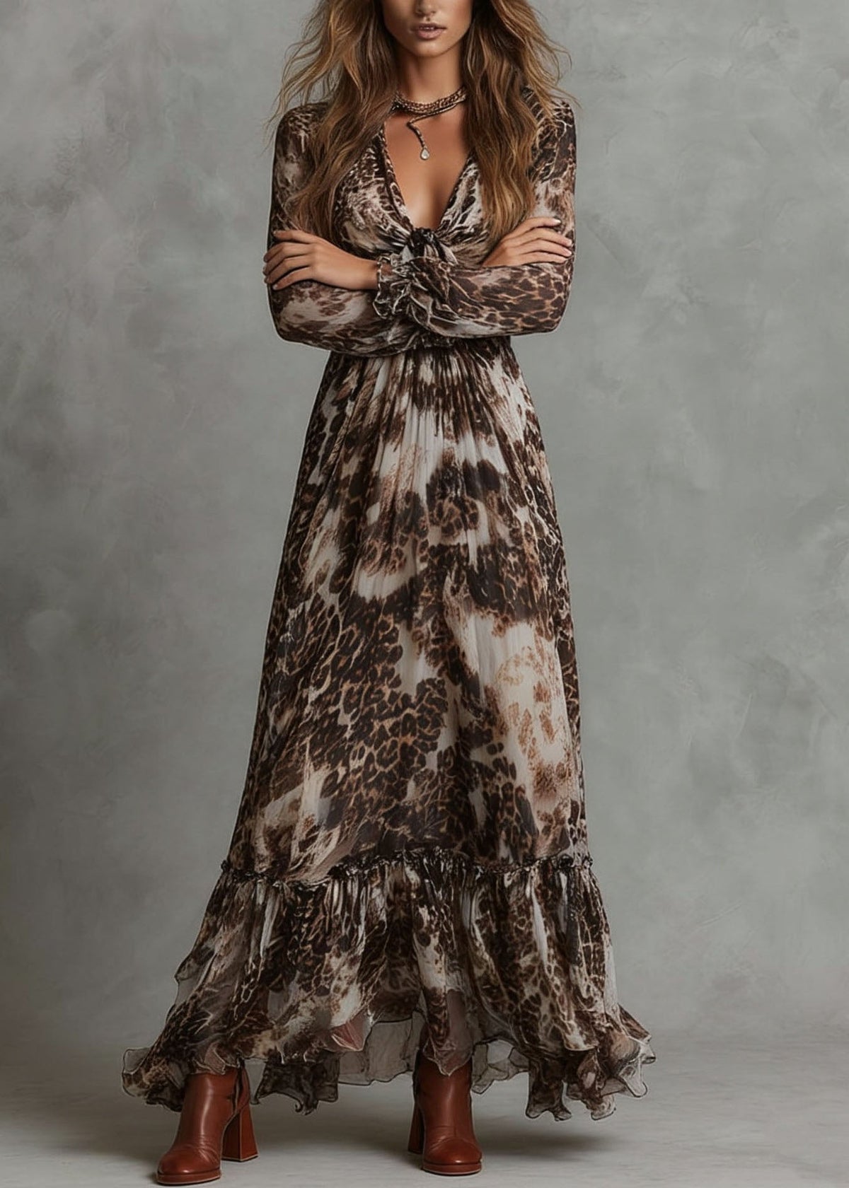 Original Design V Neck Ruffled Print Chiffon Dresses Summer - View 3