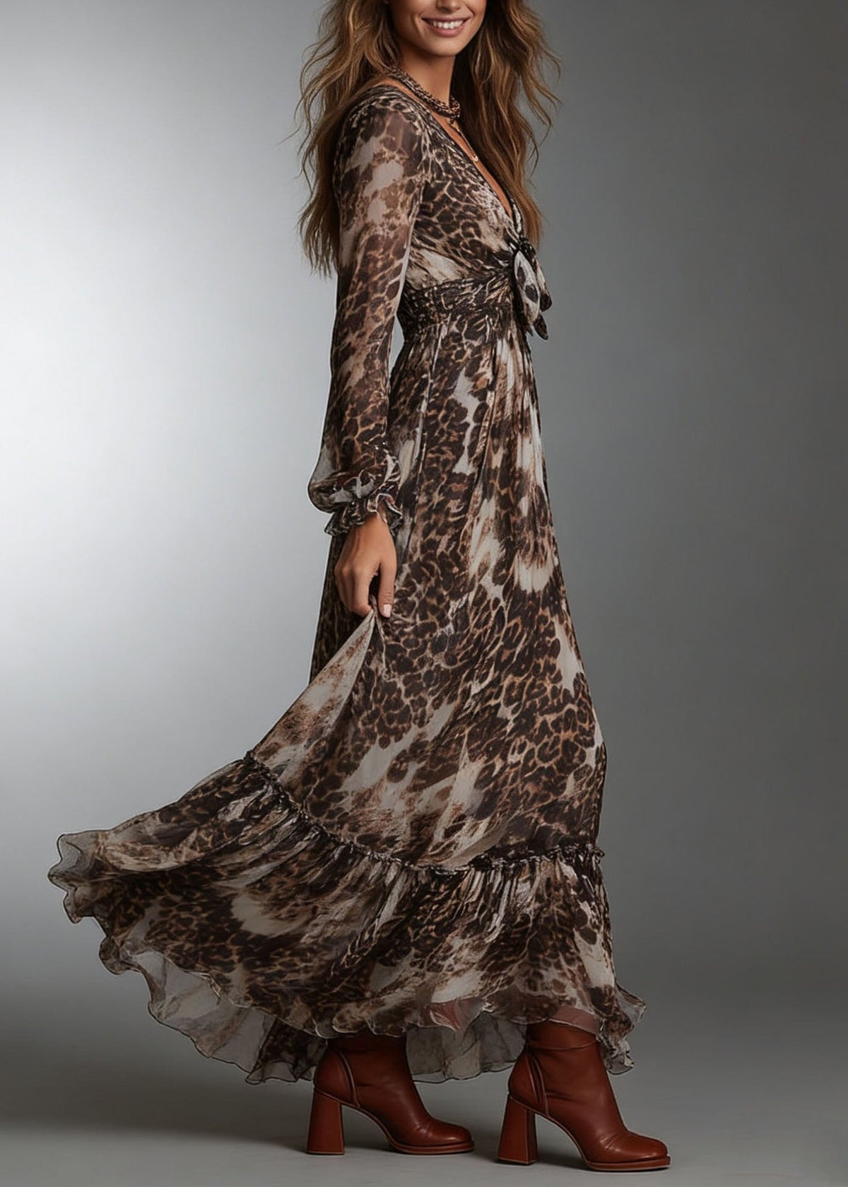 Original Design V Neck Ruffled Print Chiffon Dresses Summer - View 4