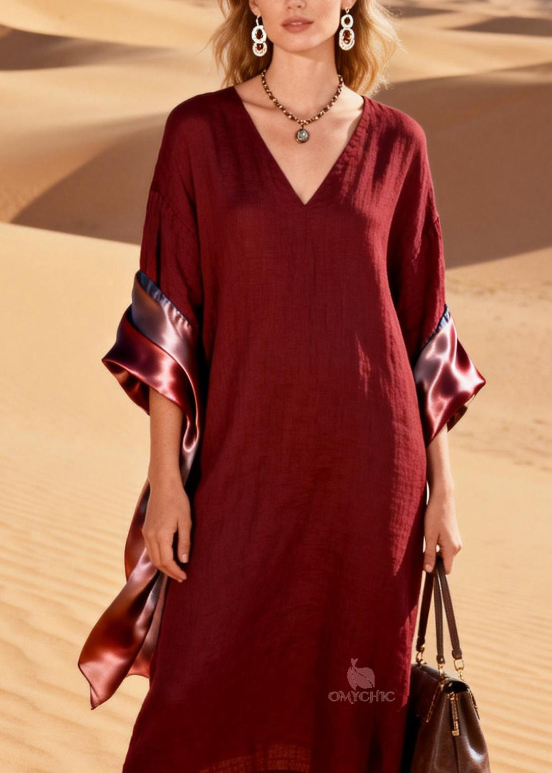 V-Neck Satin Lined Wide Kimono Sleeve Shift Midi Dress - View 2
