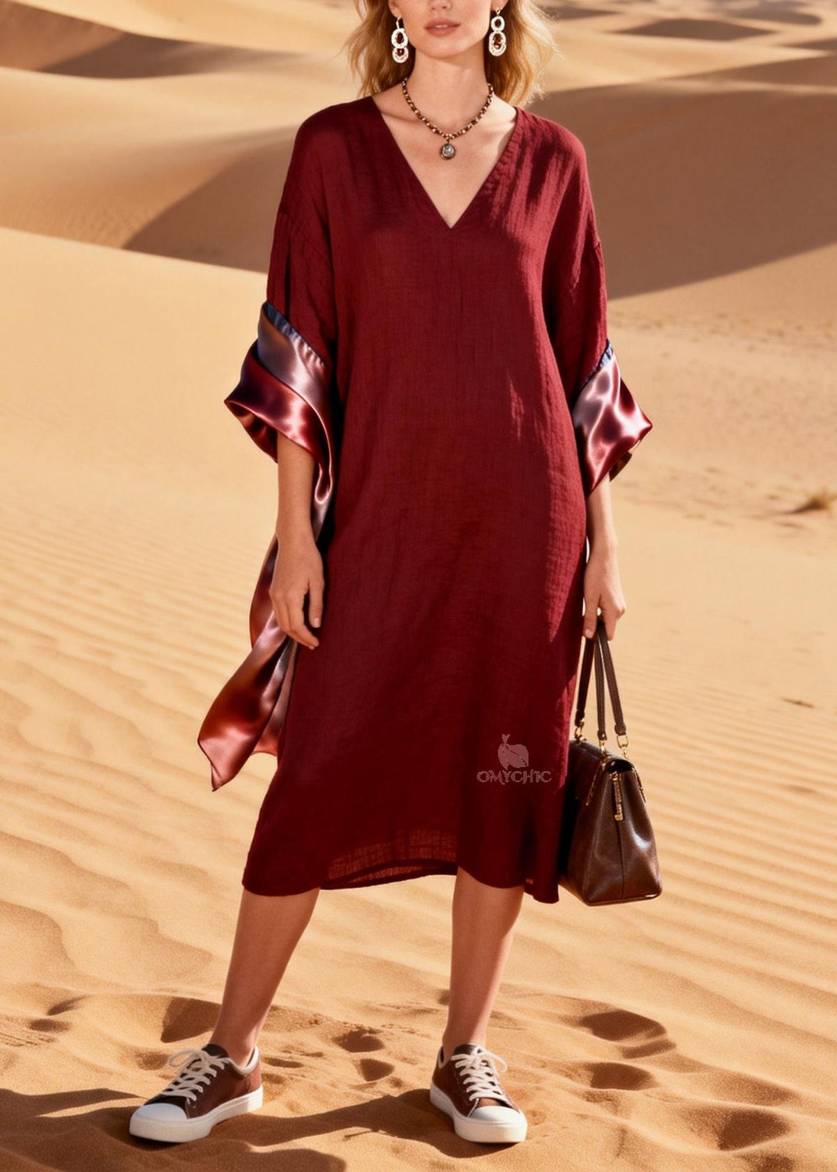 V-Neck Satin Lined Wide Kimono Sleeve Shift Midi Dress - View 5