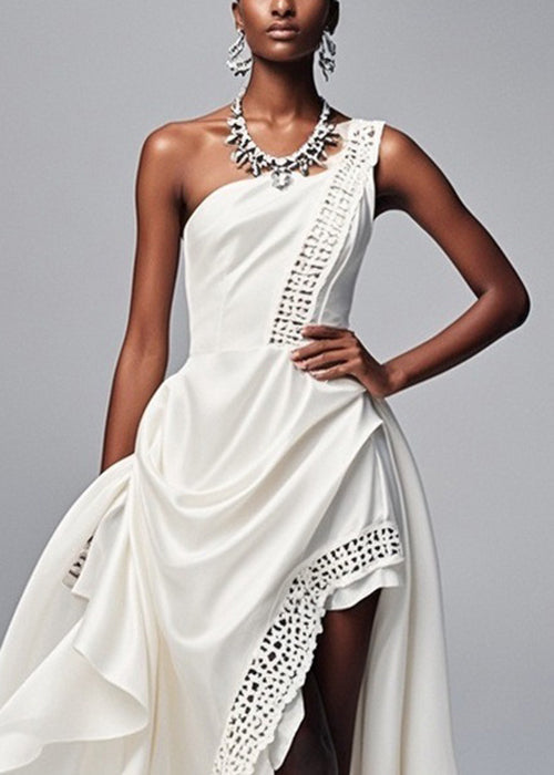 One Shoulder Asymmetrical Lace Panel Trim High Low Party Gown - View 2