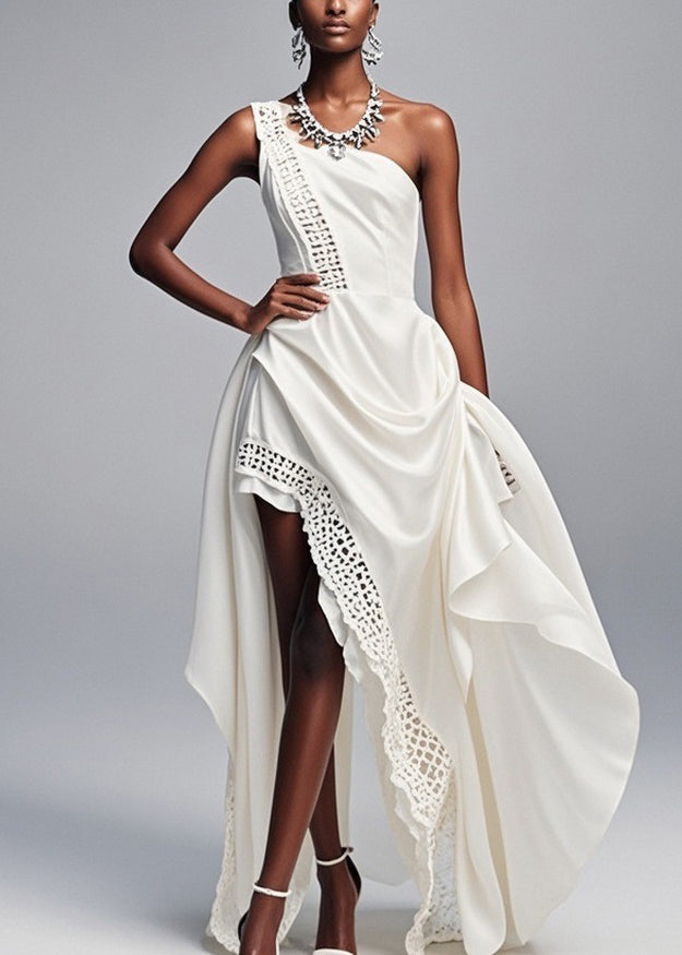 One Shoulder Asymmetrical Lace Panel Trim High Low Party Gown - View 3