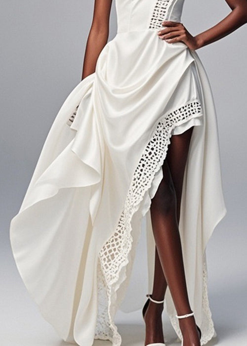 One Shoulder Asymmetrical Lace Panel Trim High Low Party Gown - View 4