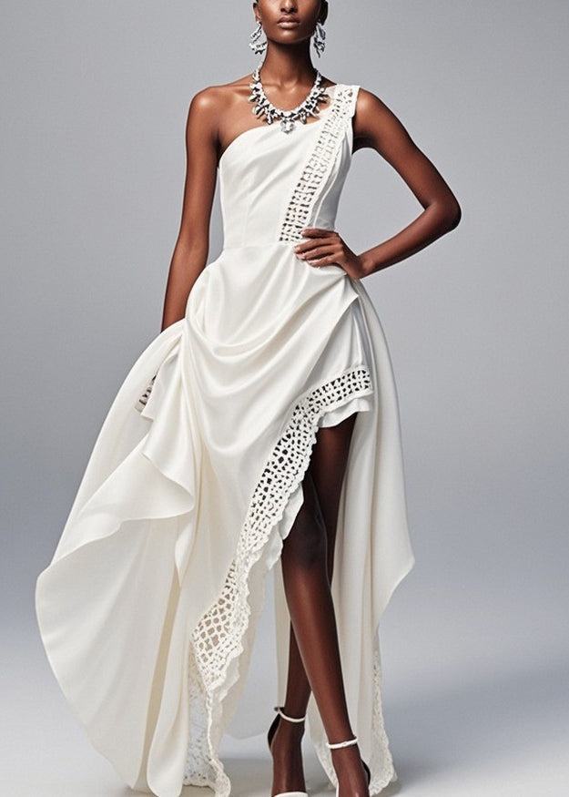 One Shoulder Asymmetrical Lace Panel Trim High Low Party Gown - View 5