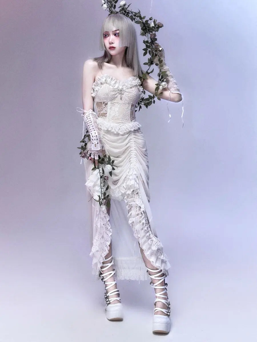 Lace Spaghetti Strap Corset Ruffle High Low Dress - View 5