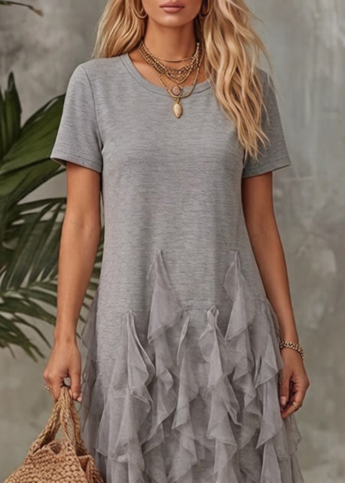 Original Grey Ruffled Tulle Patchwork T Shirt Dress Summer - View 3