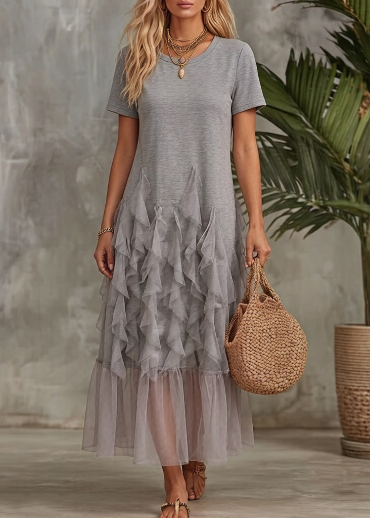 Original Grey Ruffled Tulle Patchwork T Shirt Dress Summer - View 4