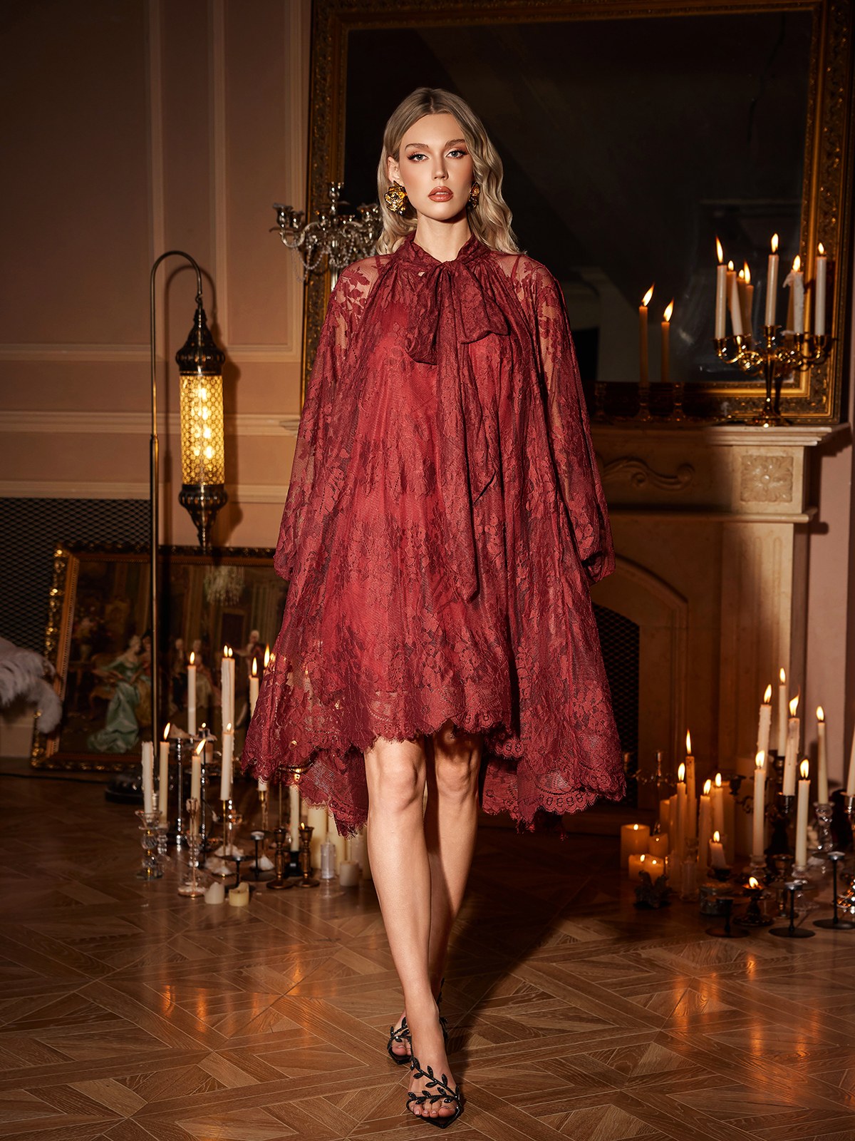 Lace Tie Neck Long Sleeve Sheer A-Line Mini Dress - View 2