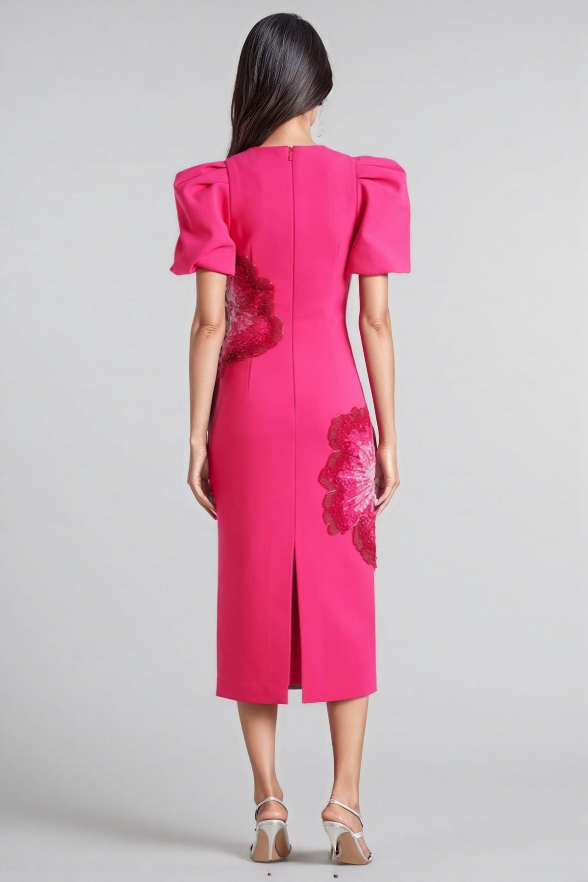 Sequin Floral Appliqué Puff Sleeve Crew Neck Fitted Sheath Midi Dress - View 3