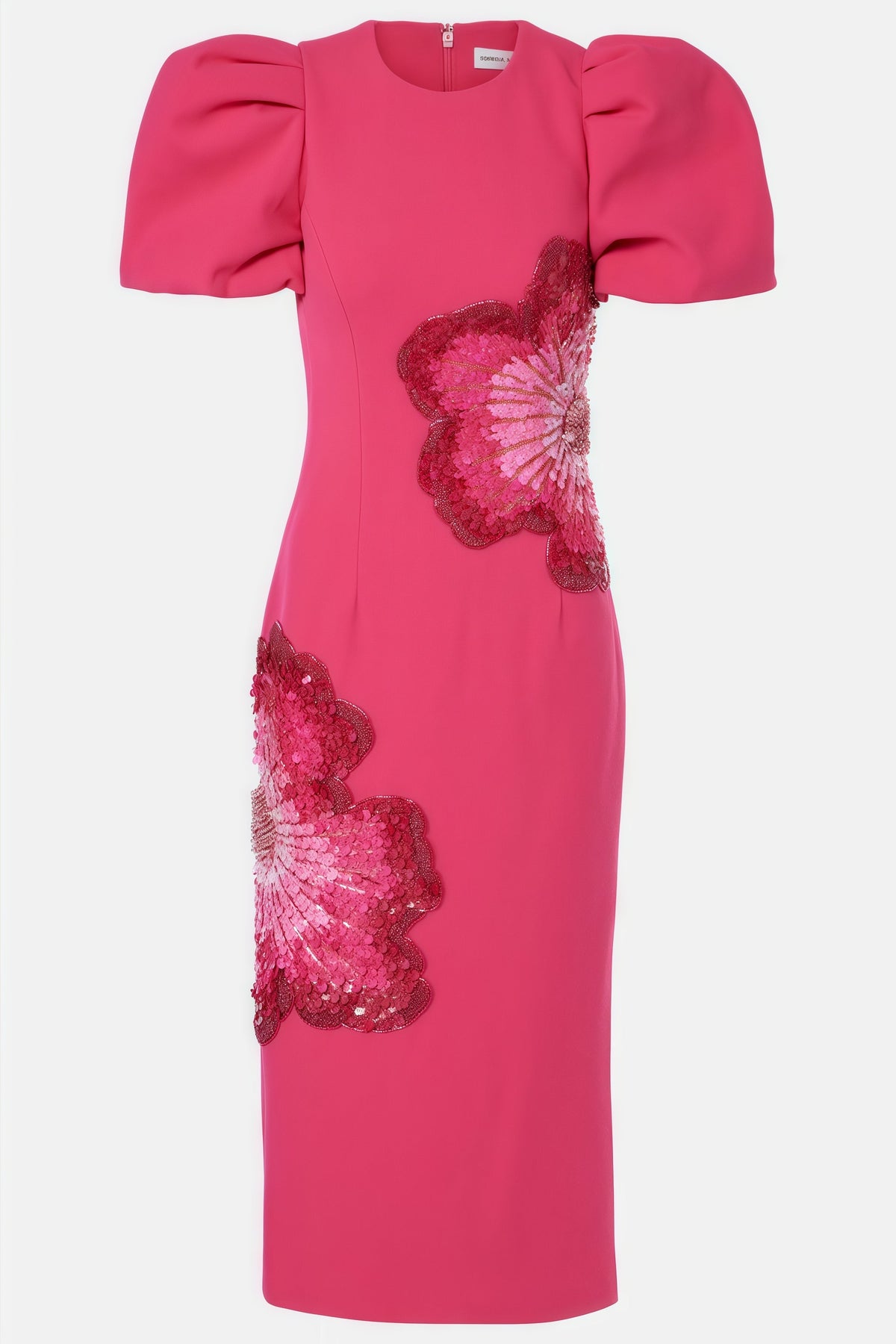 Sequin Floral Appliqué Puff Sleeve Crew Neck Fitted Sheath Midi Dress - View 4