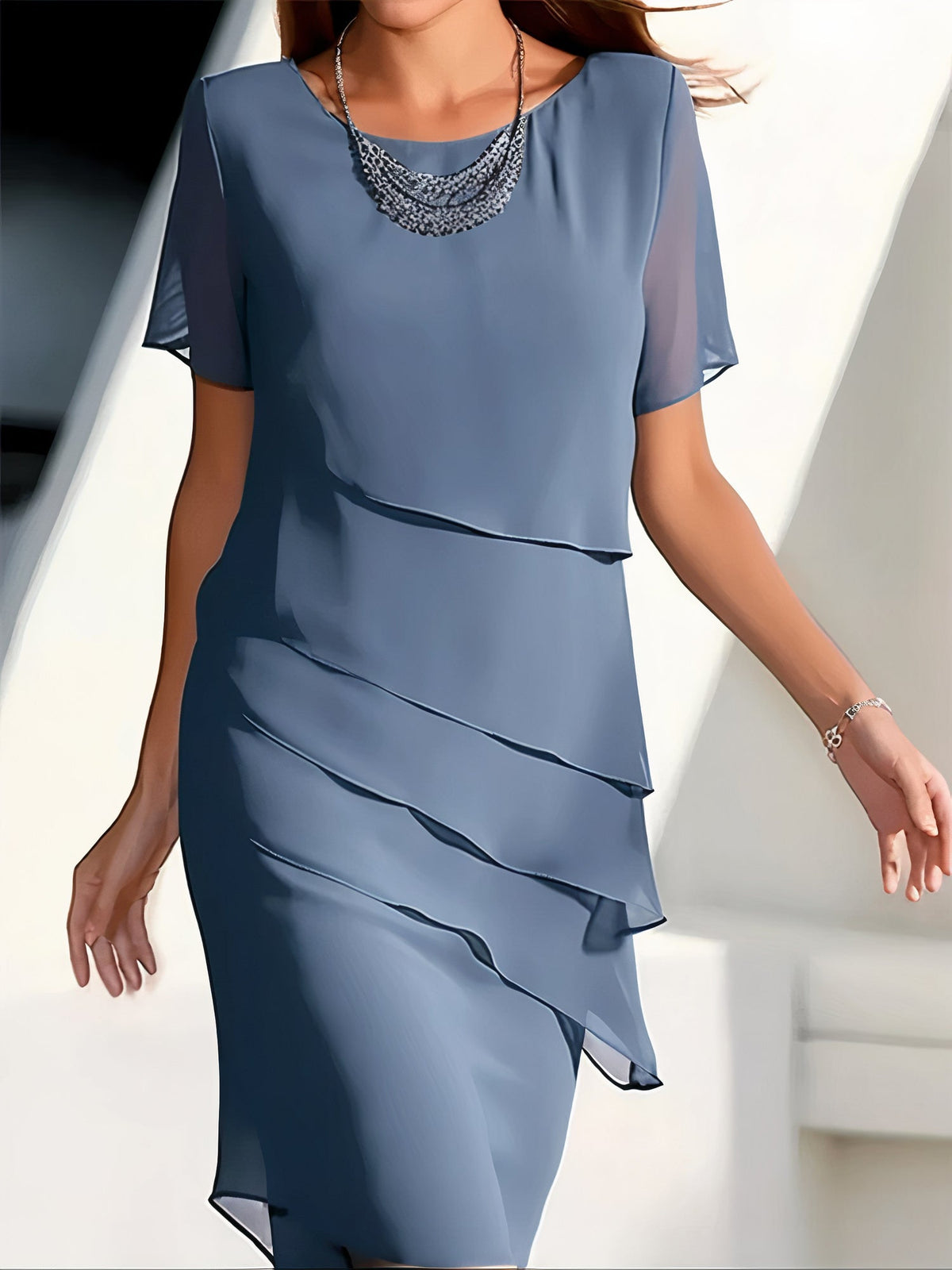Chiffon Round Neck Short Sleeve Asymmetrical Cocktail Midi Dress - View 2