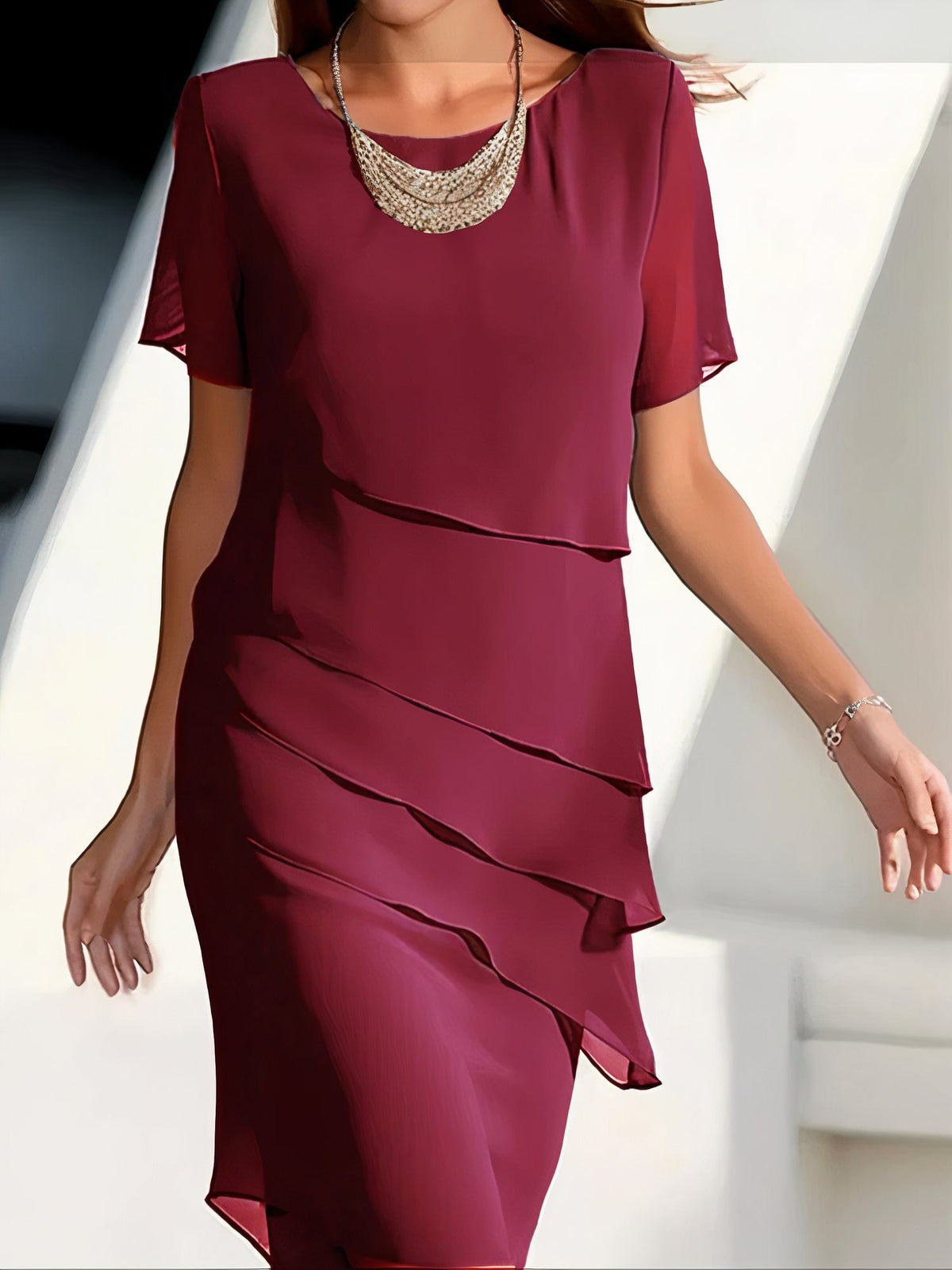 Chiffon Round Neck Short Sleeve Asymmetrical Cocktail Midi Dress
