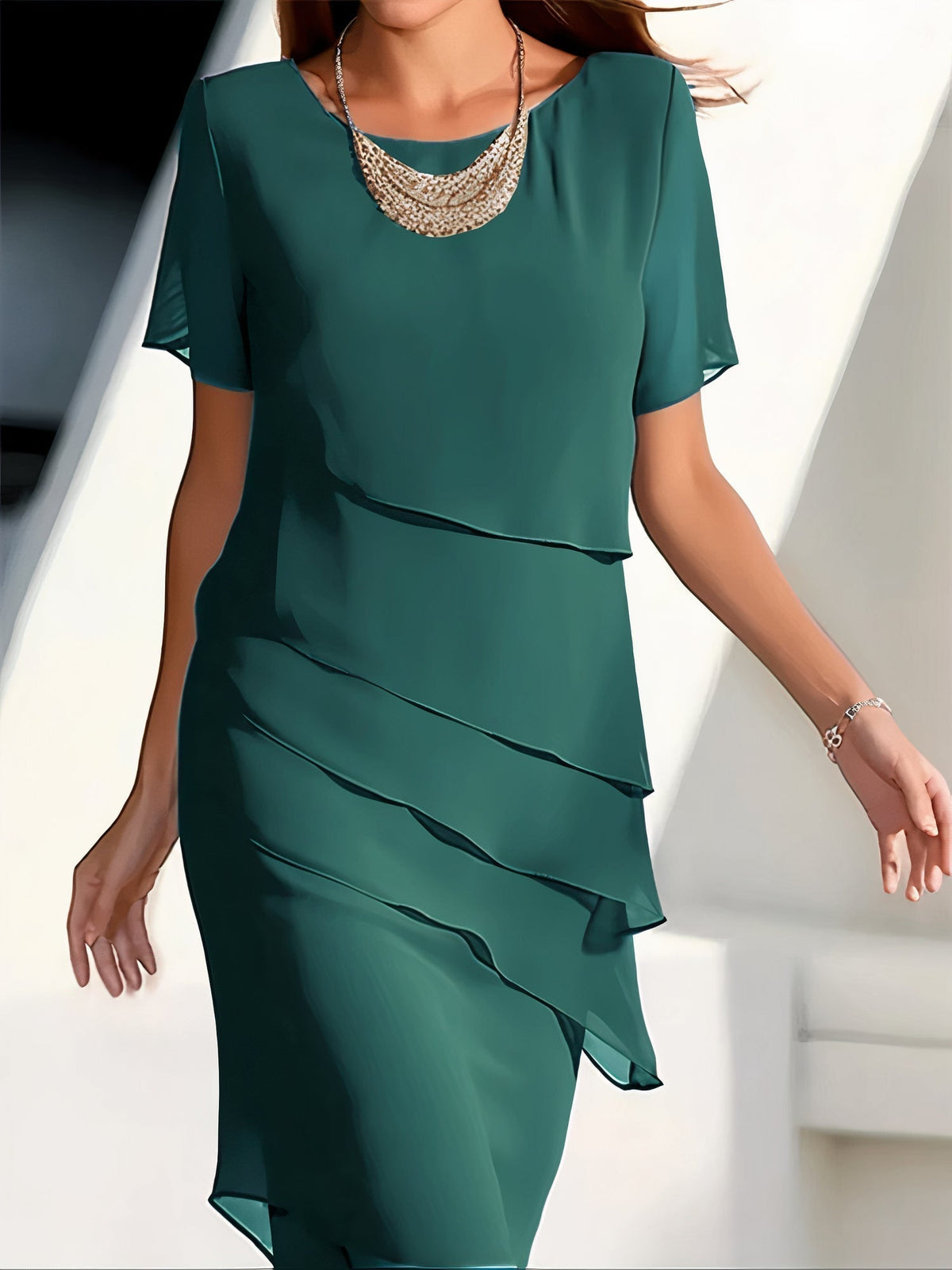 Chiffon Round Neck Short Sleeve Asymmetrical Cocktail Midi Dress - View 3