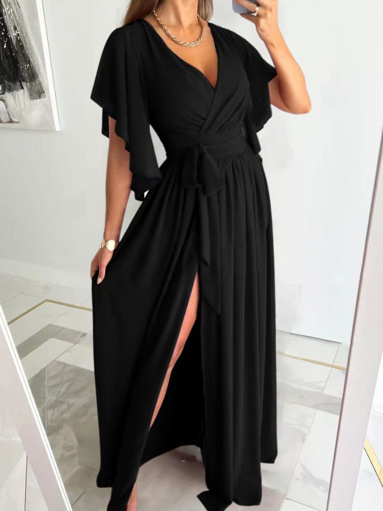 Flutter Sleeve Surplice Wrap Tie Waist High Split Maxi Gown - View 3