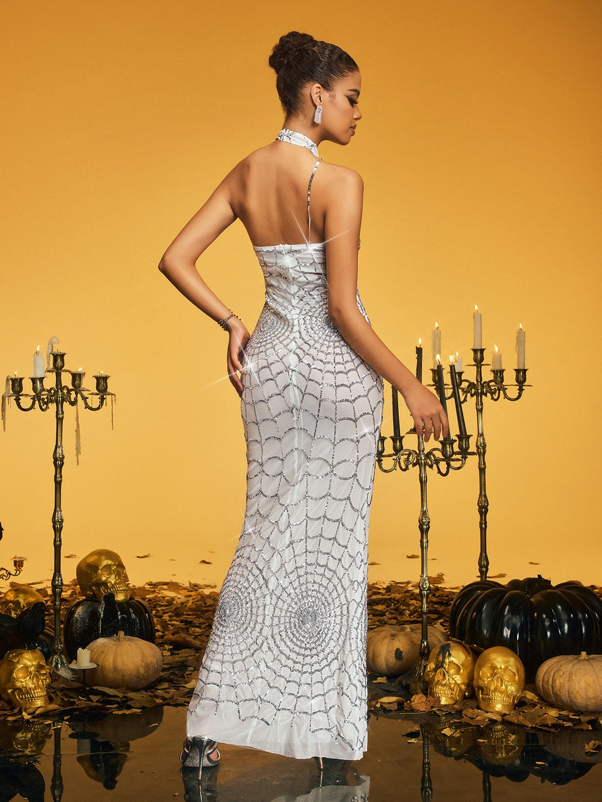 Sequin Halter Neck Cobweb Mermaid Maxi Dress - View 6