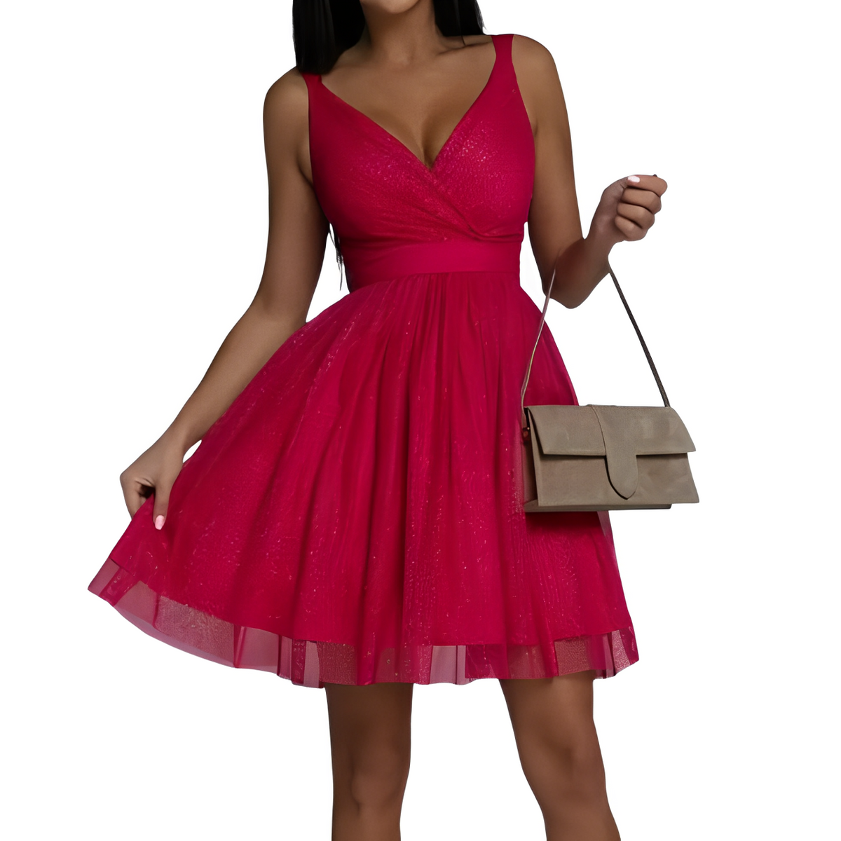 Sequin Tulle Back Tie Bow Wide Strap Fit and Flare Mini Party Dress - View 5