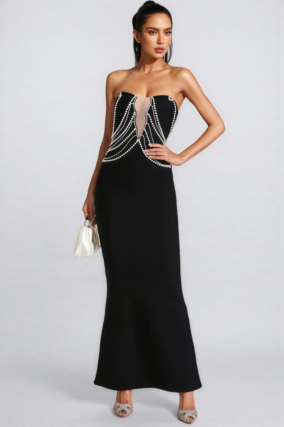 Vaughn Black Pearls Off Shoulder Maxi Dress - View 6