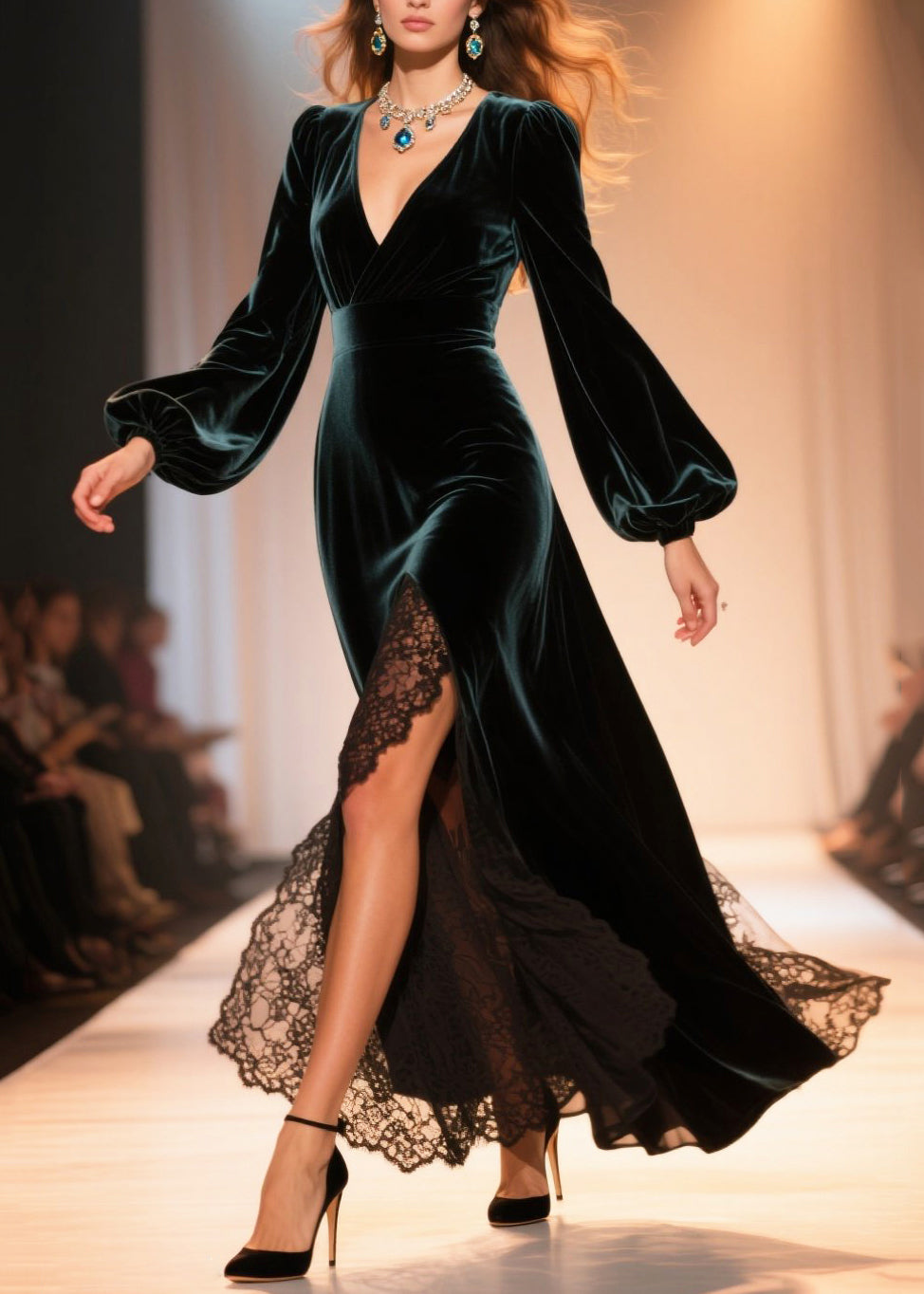 Velvet Deep V-Neck Bishop Sleeve Lace Border High Split Maxi Gown - View 3