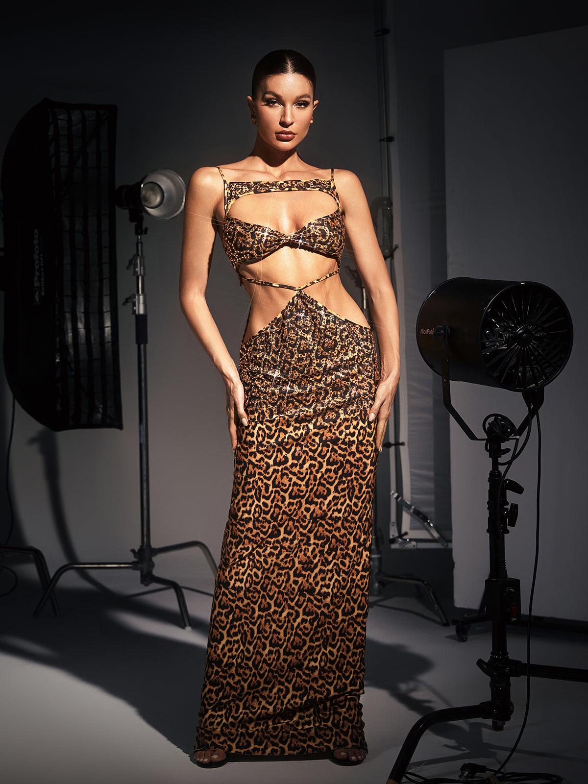 Sequin Animal Print Spaghetti Strap Cut Out Cross Strap Maxi Dress