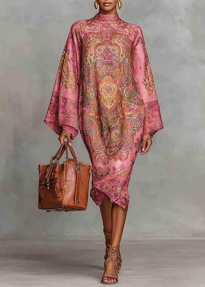 Mock Neck Bell Sleeve Tulip Hem Kaftan Midi Dress