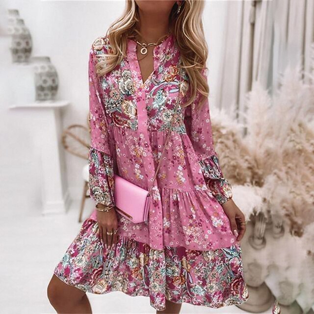 Stand Collar V-Neck Button Front Lantern Sleeve Tiered Mini Dress - View 3