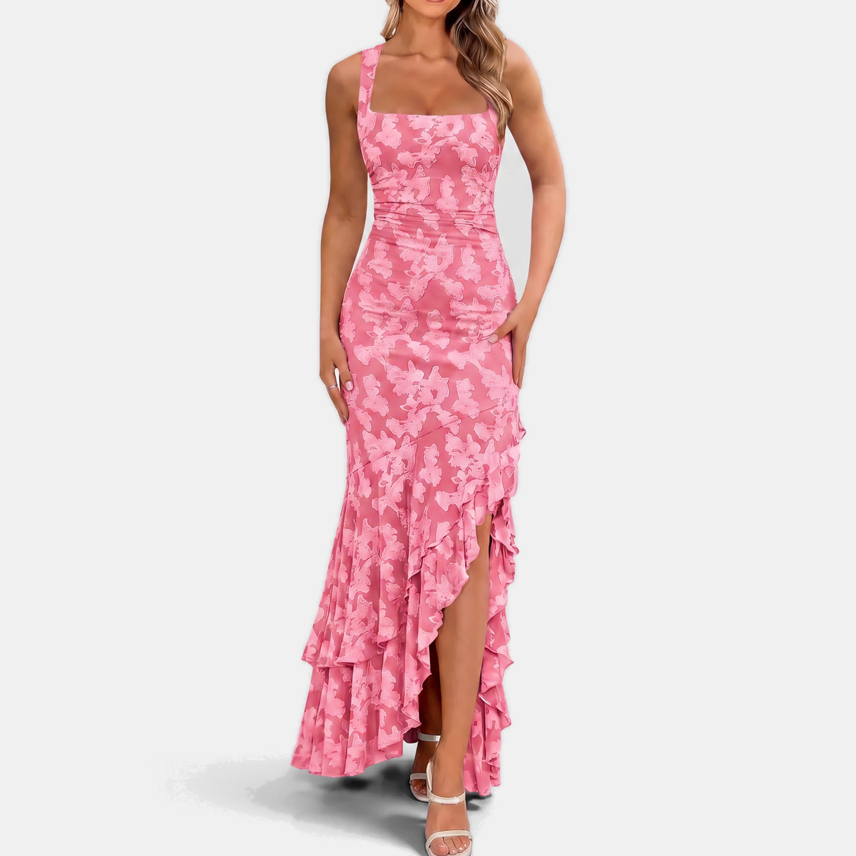 Floral Square Neck Ruffle High Low Mermaid Maxi Dress 2