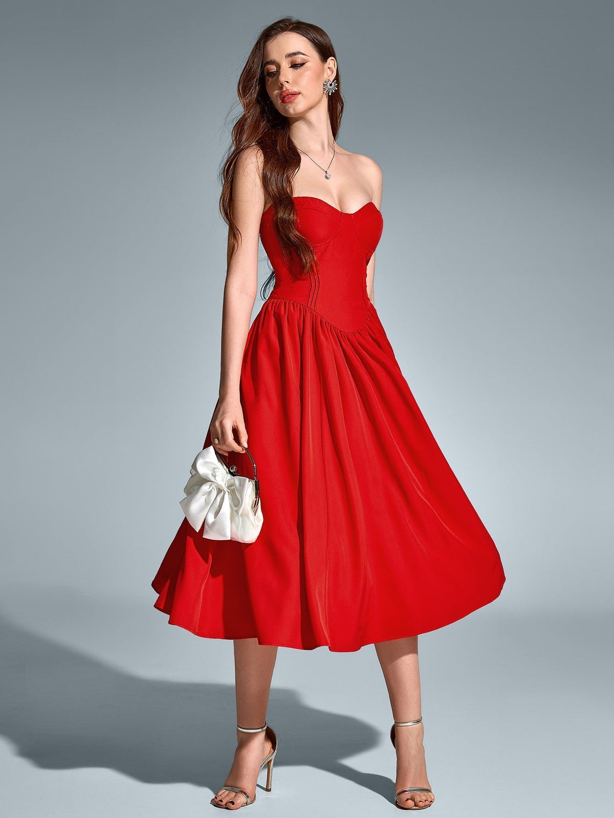 Strapless Sweetheart Corset Fit and Flare Midi Dress - View 3