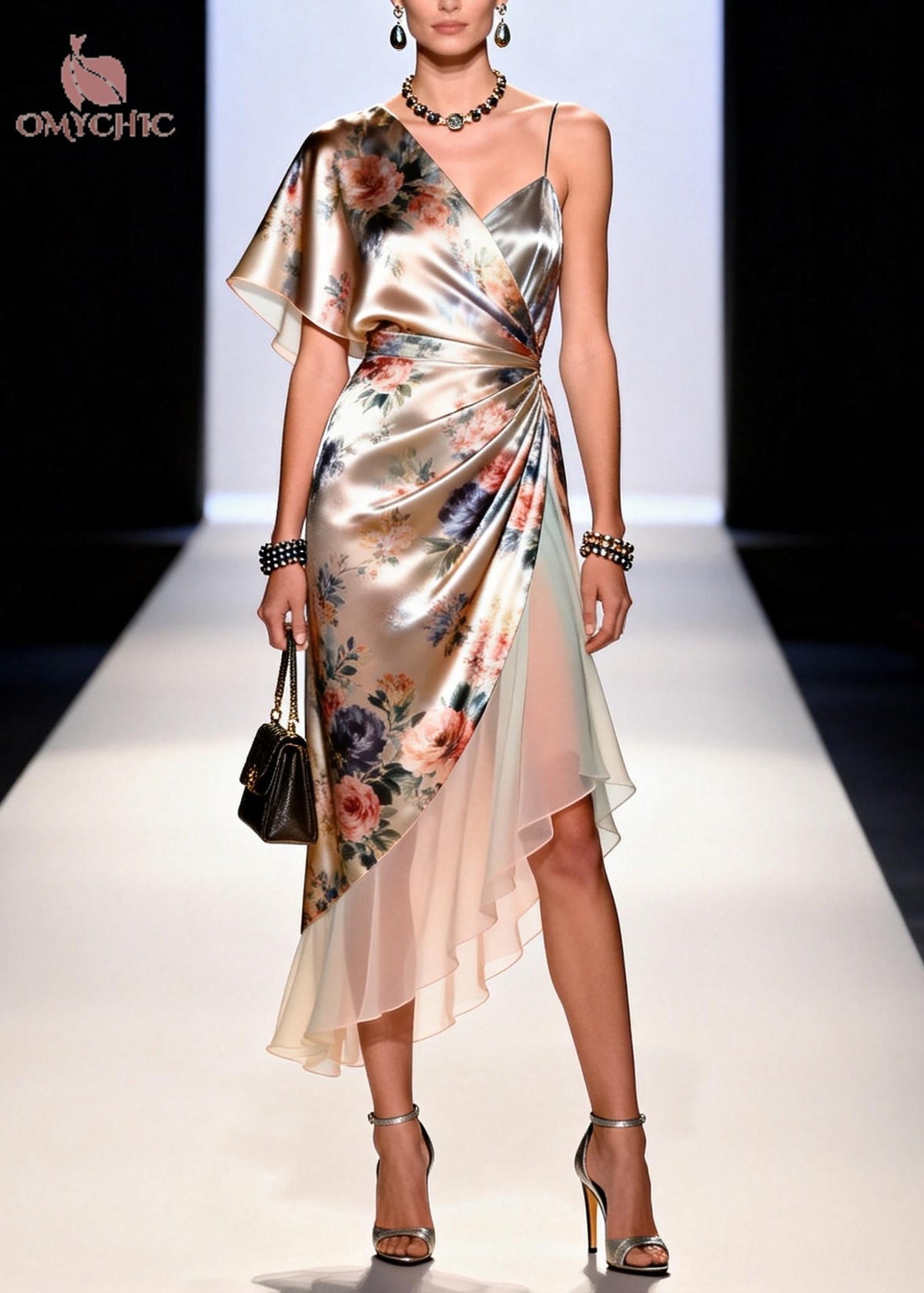 Floral One Shoulder Flutter Sleeve Ruched Wrap Satin Midi Dress - View 5