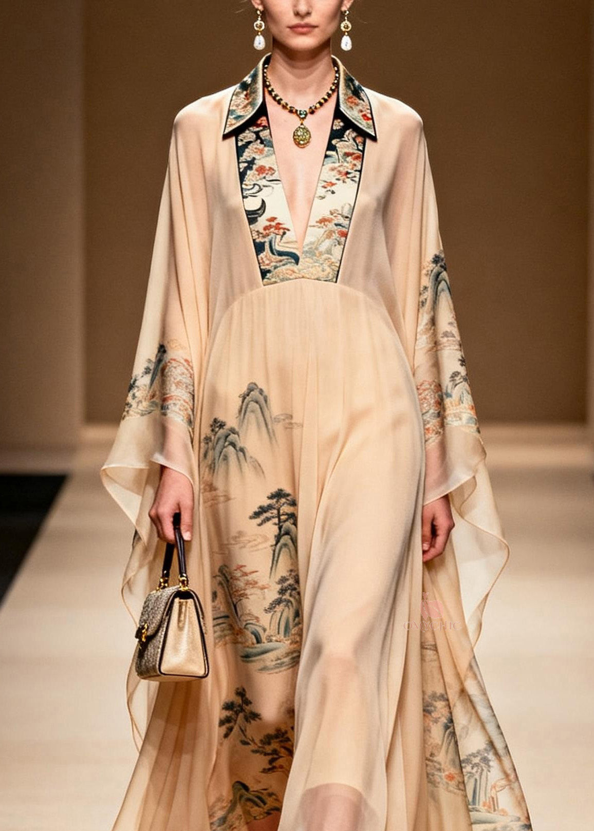 Oriental Landscape Print Deep V-Neck Butterfly Sleeve Maxi Gown - View 2