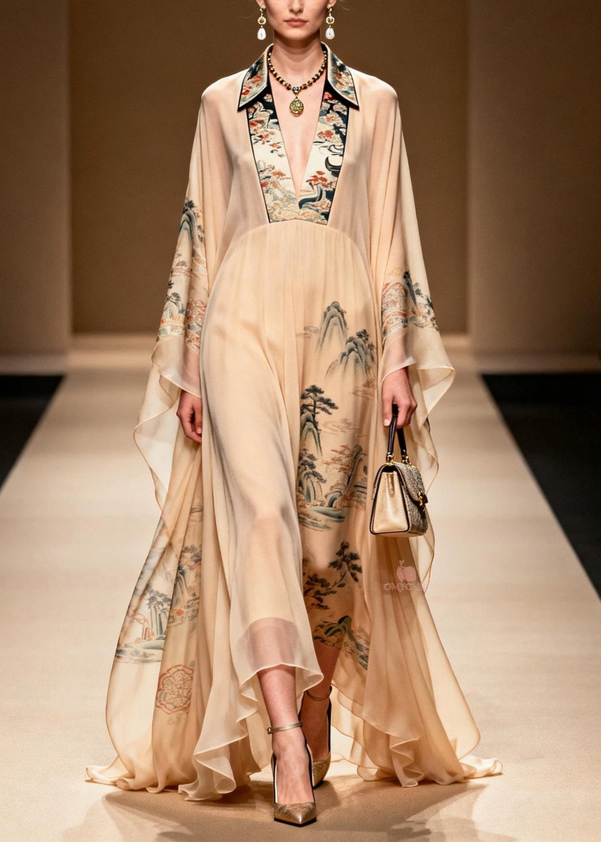 Oriental Landscape Print Deep V-Neck Butterfly Sleeve Maxi Gown - View 3