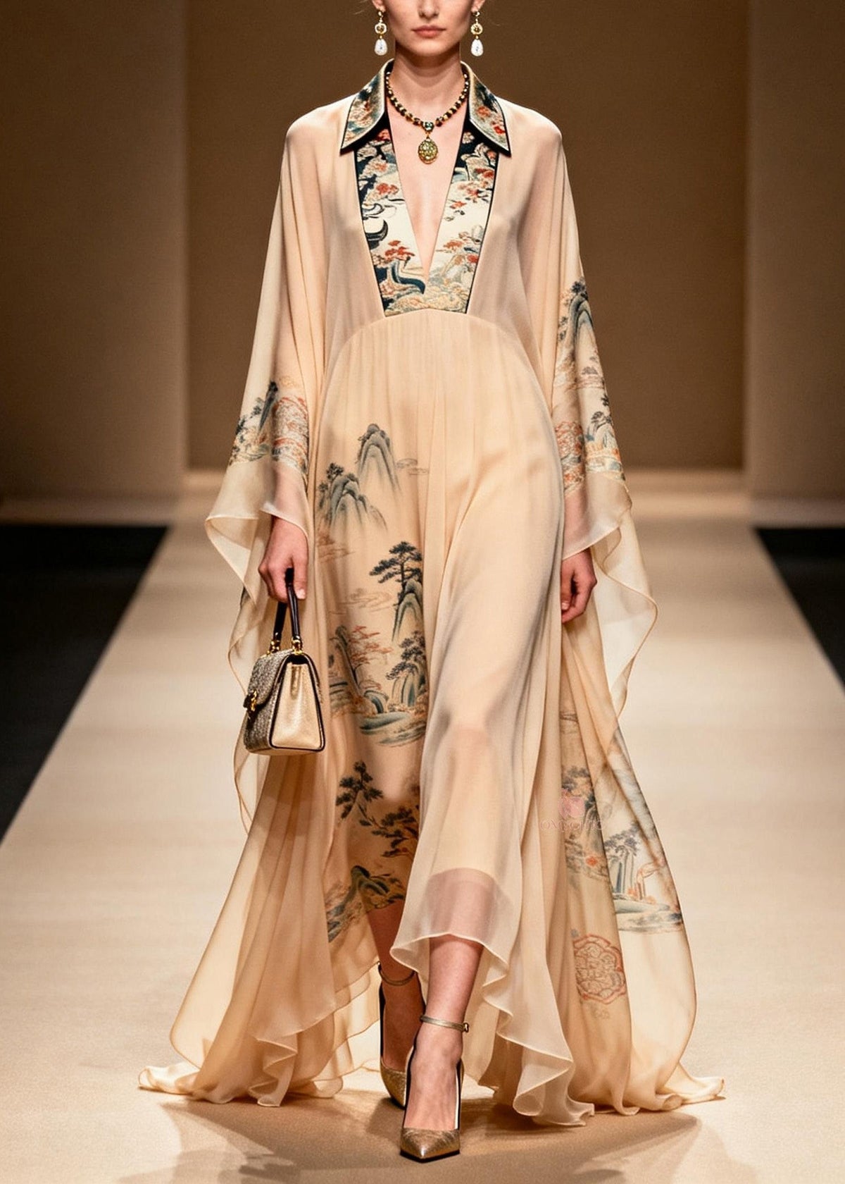 Oriental Landscape Print Deep V-Neck Butterfly Sleeve Maxi Gown - View 5