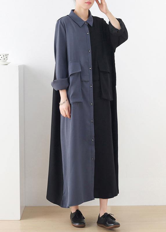 Long Sleeve Button Down Split Panel Flap Pocket Shirt Maxi Dress - View 3