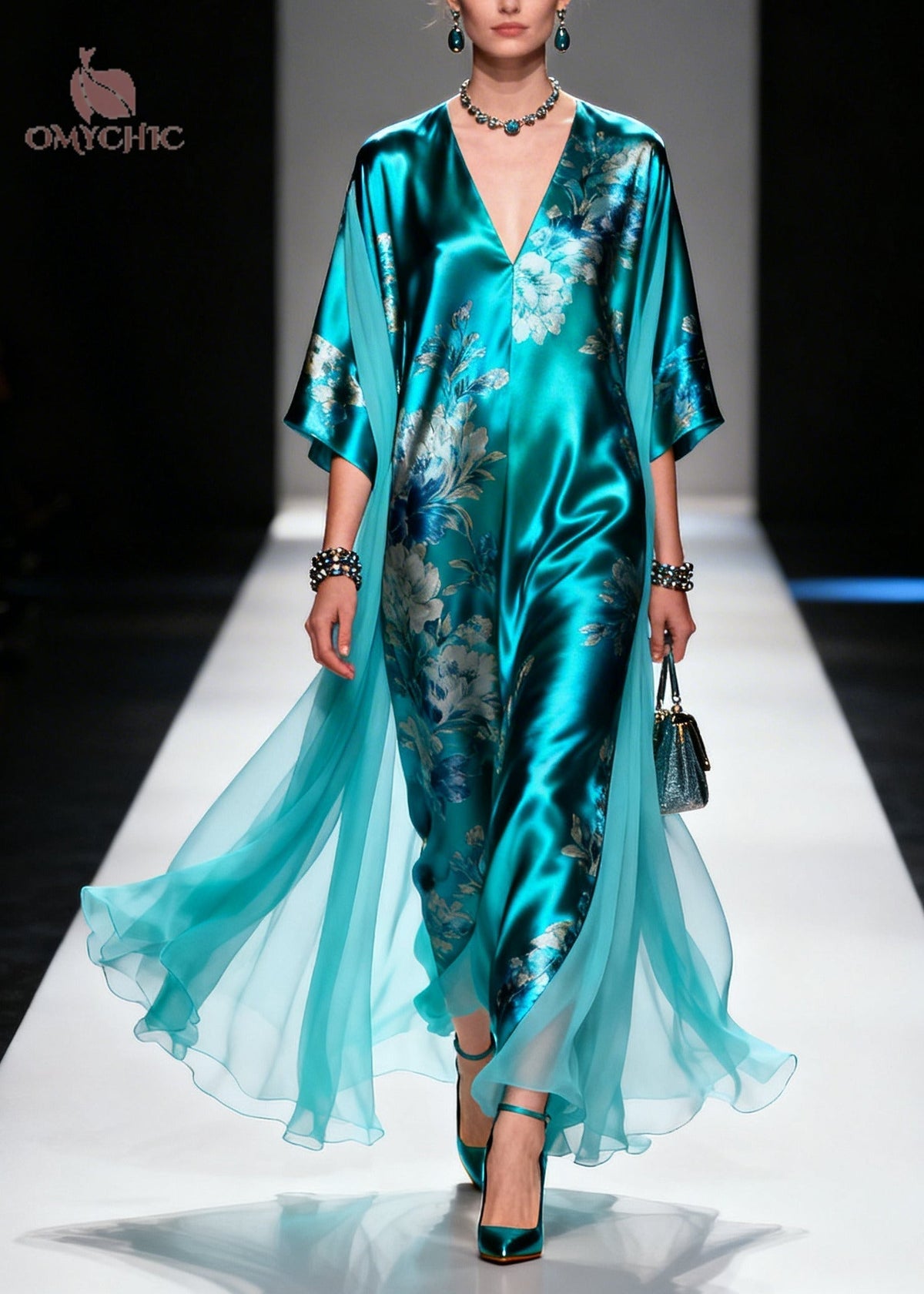 Floral Deep V-Neck Batwing Sleeve Satin Chiffon Kaftan Maxi Dress - View 5