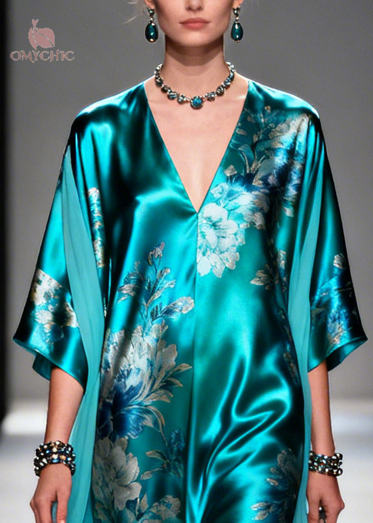 Floral Deep V-Neck Batwing Sleeve Satin Chiffon Kaftan Maxi Dress - View 4