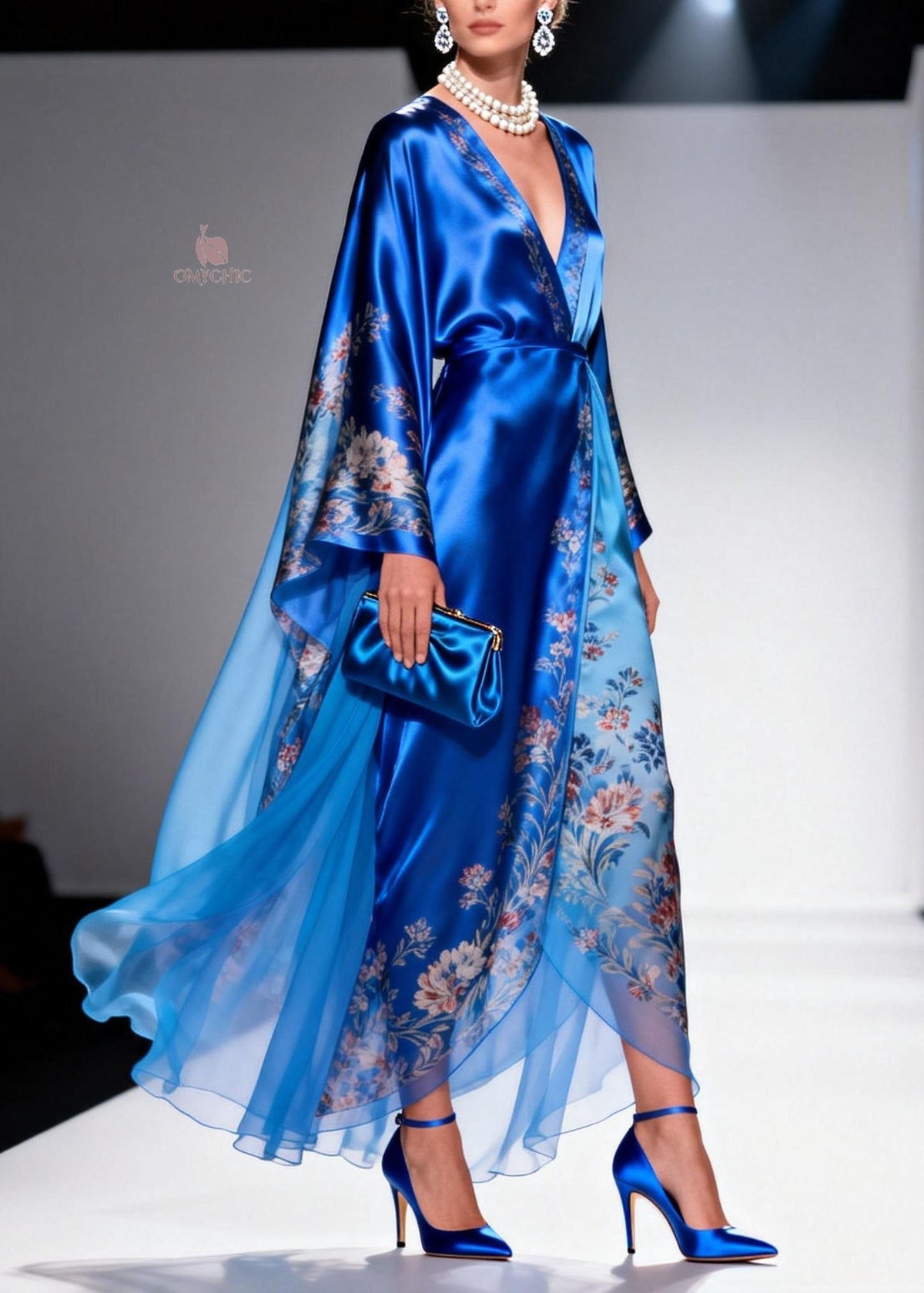 Floral Print Wrap Deep V-Neck Kimono Sleeve Sheer Layered Maxi Gown - View 5