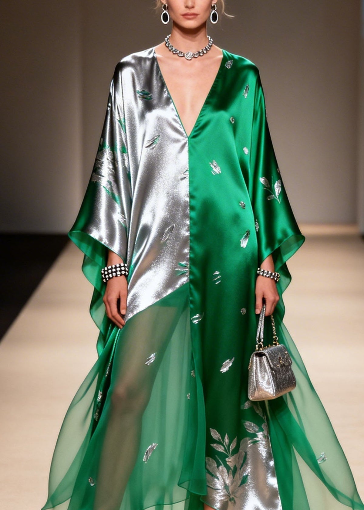 Metallic Floral Applique Asymmetric V-Neck Sheer Tiered Maxi Gown - View 2