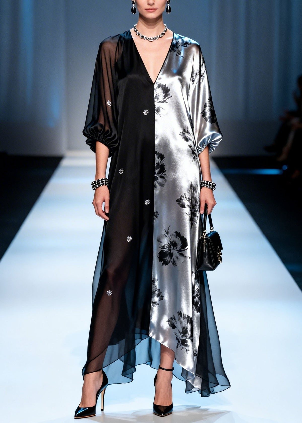 Floral Print Split Panel Deep V-Neck Long Puff Sleeve Maxi Gown