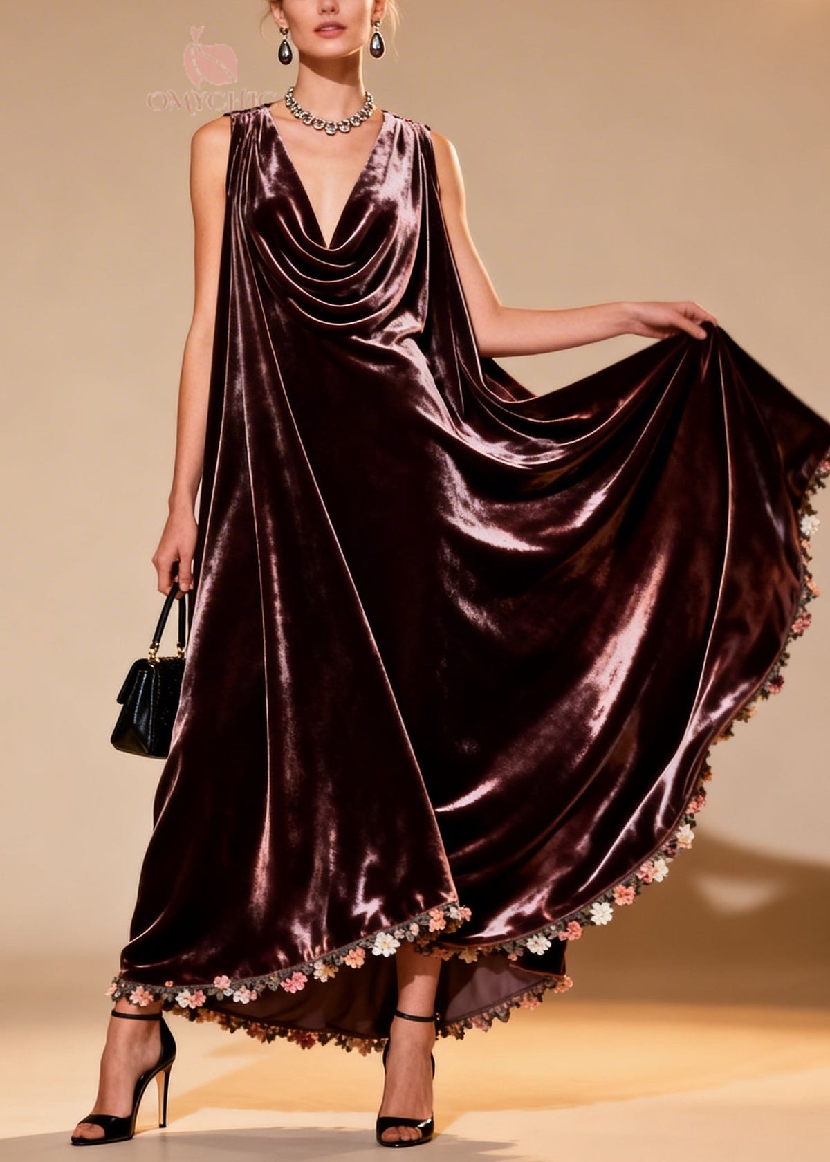Velvet Cowl Neck Sleeveless Tent Silhouette Floral Maxi Gown
